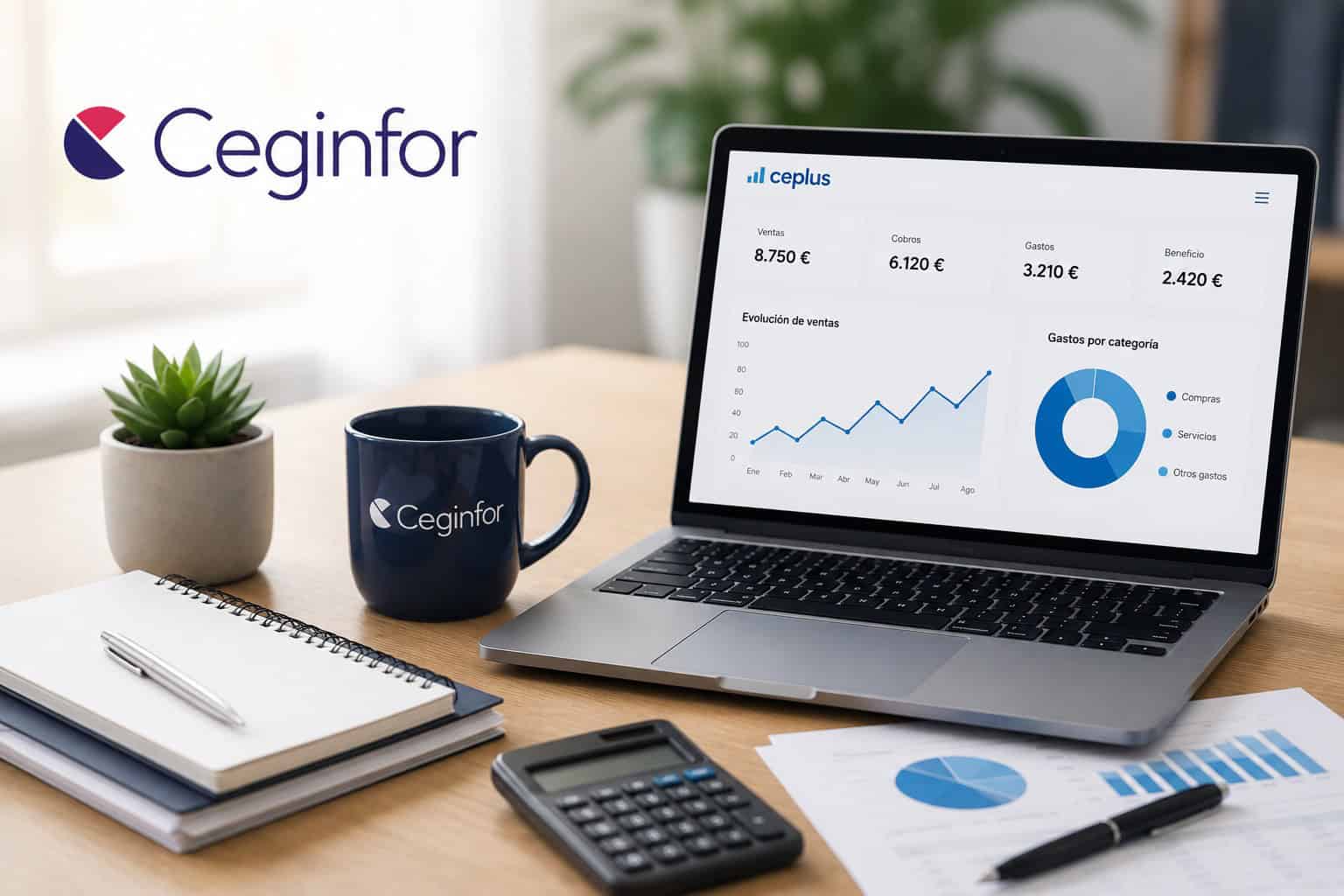 Ordenador portátil con gráficos financieros y calculadora en oficina moderna.